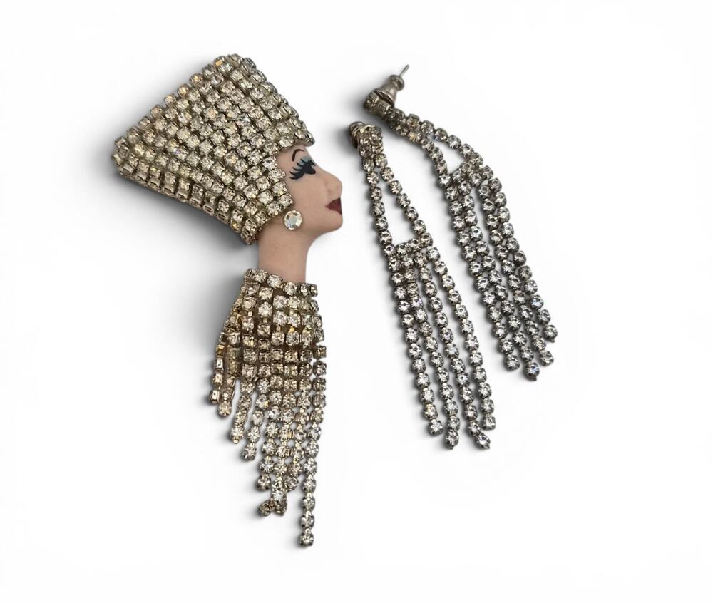 Elvira and Jackie Porcelain Face Lady Head Brooch Dangle Earrings Set